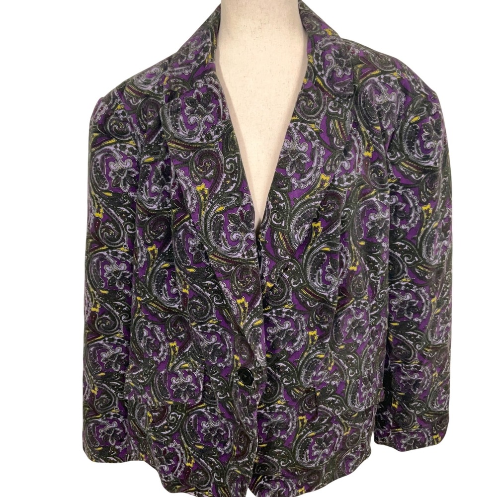 Talbots Woman Blazer 20W Purple Black Paisley Boho Eclectic Vivid Cotton Jacket